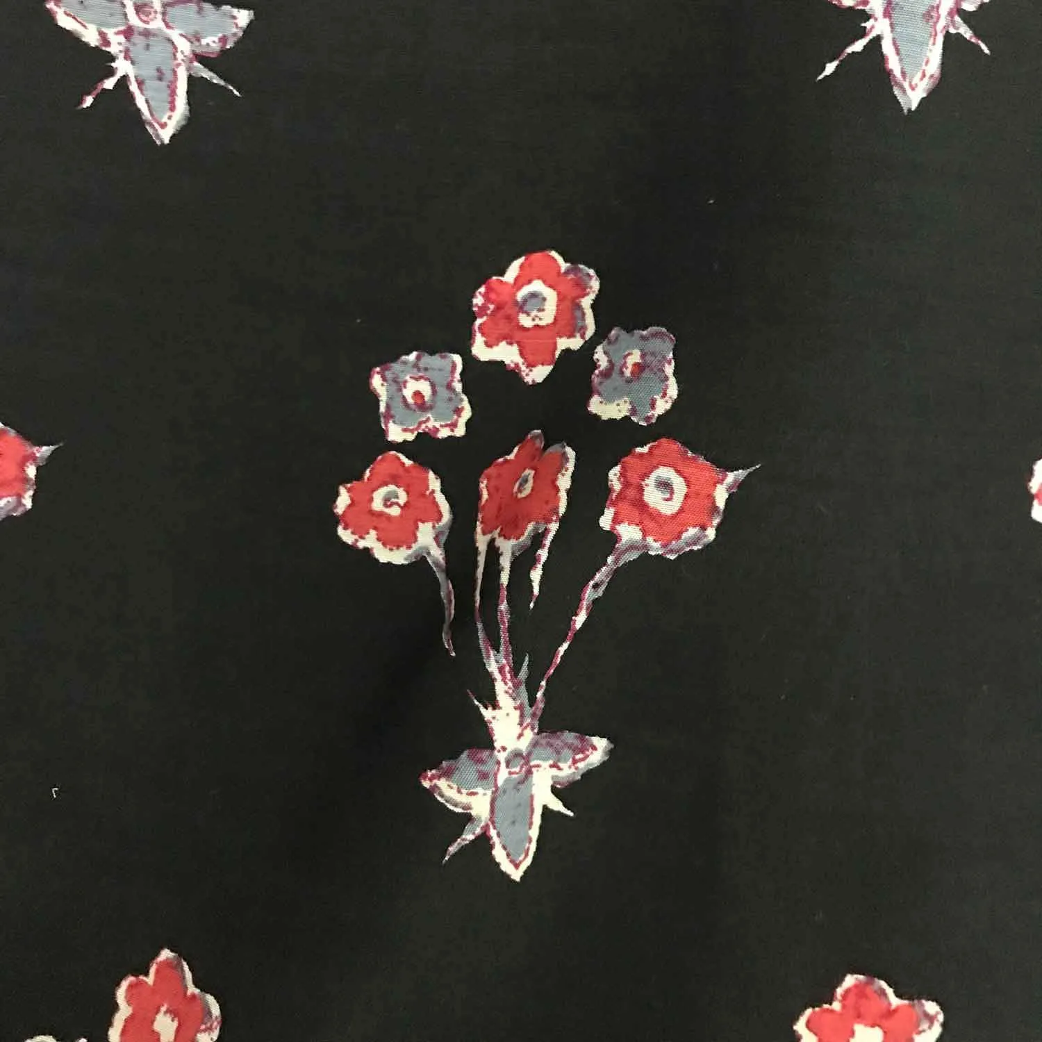 Black Red Flowers Hand Screen Printed Muslin Viscose Fabric