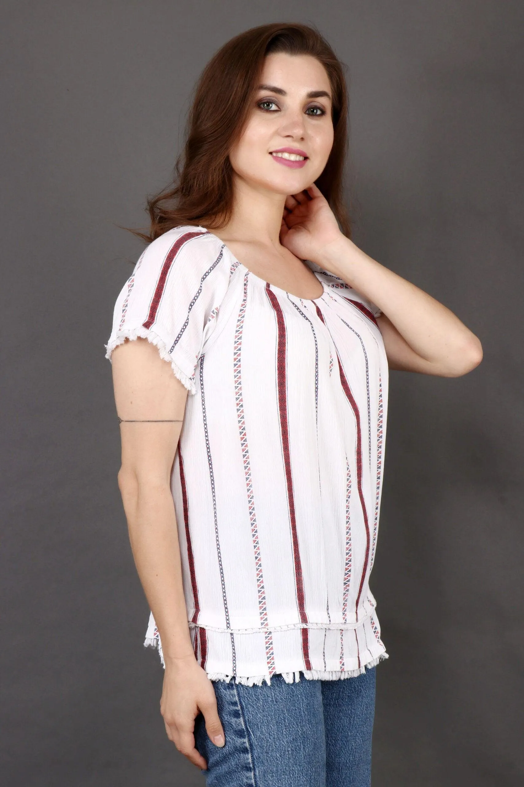 White Small Printed Top with Fringe Lace